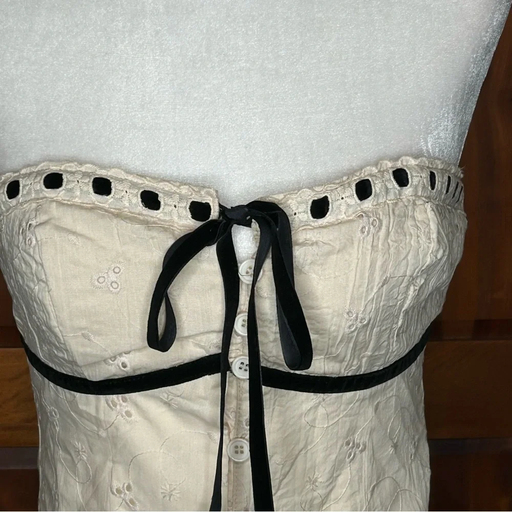 Forever 21 Eyelet Crop Top w Blk Velvet Ribbon Accent Coquette Fairycore Y2K - Picture 8 of 16